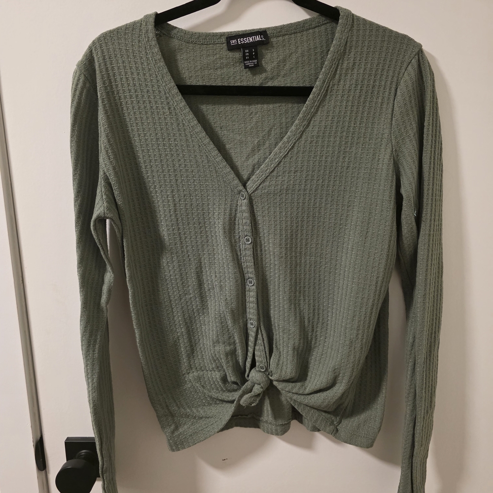 Essentials Olive Button-Up Long Sleeve Top